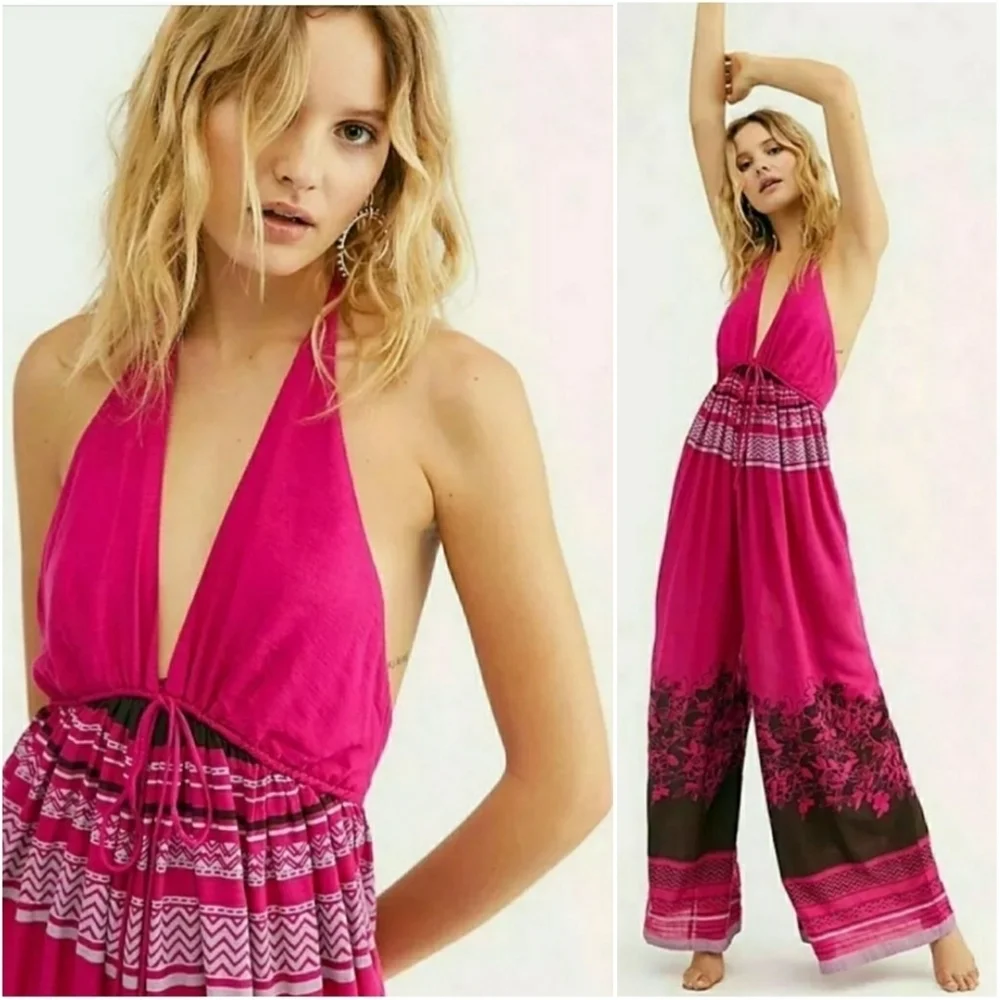 FREE PEOPLE // boho fuchsia print open back wide leg halter style jumpsuit